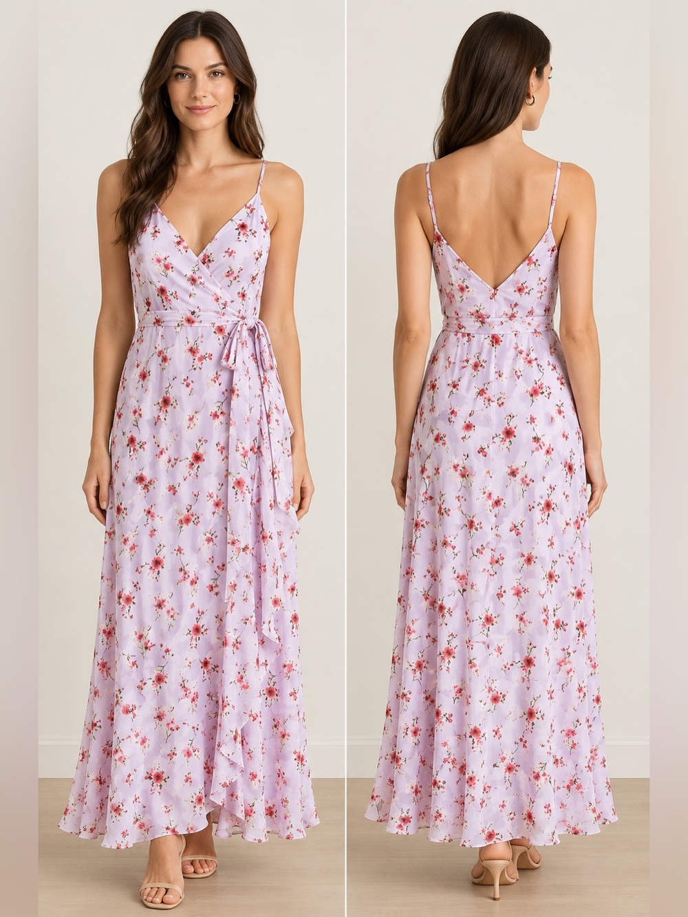 Lulu's Lilac Floral Wrap Midi Dress with Coral-Red Flowers size L